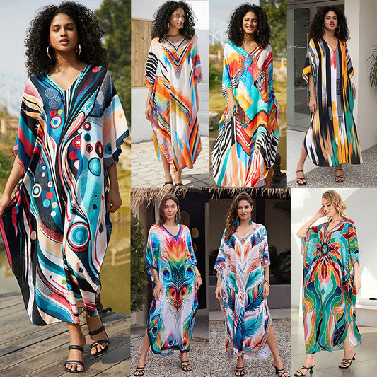 Rayon Positioning Printing Loose Plus Size Long Dress Beach Cover-up Jumpsuit Robe Style