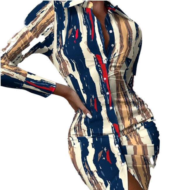 Multicolor Shirt Collar Button Cardigan Mid-length Fashion Print Dress