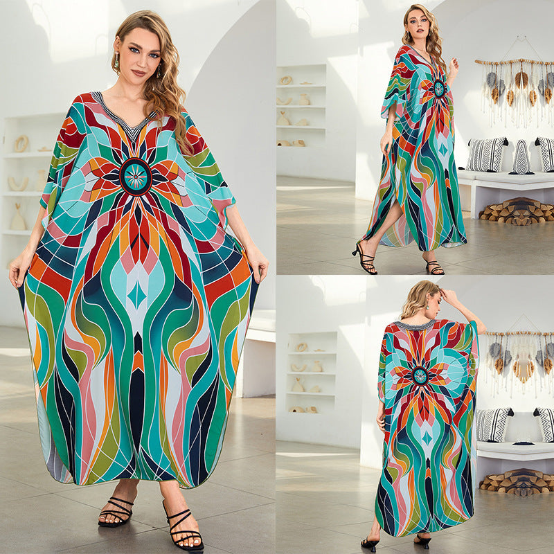 Rayon Positioning Printing Loose Plus Size Long Dress Beach Cover-up Jumpsuit Robe Style