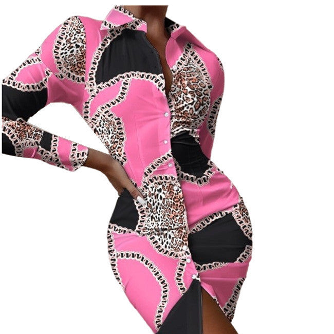 Multicolor Shirt Collar Button Cardigan Mid-length Fashion Print Dress
