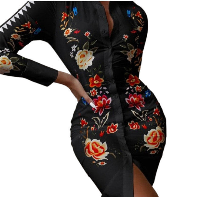 Multicolor Shirt Collar Button Cardigan Mid-length Fashion Print Dress